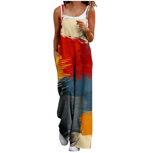 Red Coveralls for Ladies Summer Fall Spandex Graphic Loose Fit Lounge Overall Straight Leg Long Leg Jumpsuits Trousers Pants Rompers Womens 2025 Clothes Y2K L