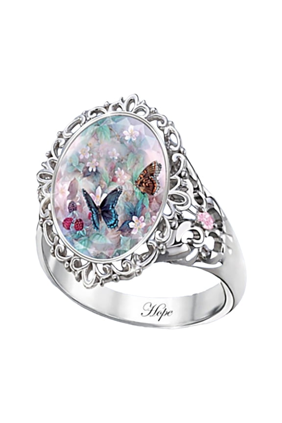 Women Elegant Decoration Oval Cut Enamel Flower Butterfly Ring for Party