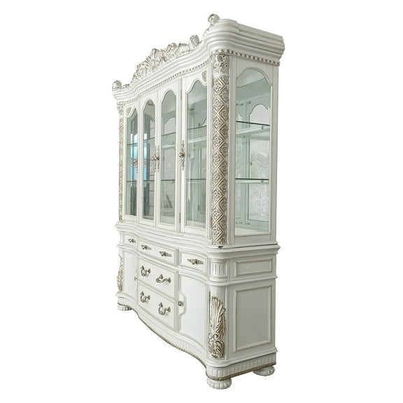 ACME Vendome Hutch and Buffet with 4 Glass Doors in Antique Pearl