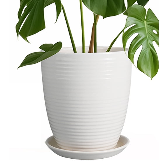 Ordivic 8 Inch White Ribbed Ceramic Plant Pot with Saucer, Round Planter with Drainage Hole, Modern Glossy Indoor Outdoor Flower Pot for Houseplants, Succulents, Ferns, Monstera Decor