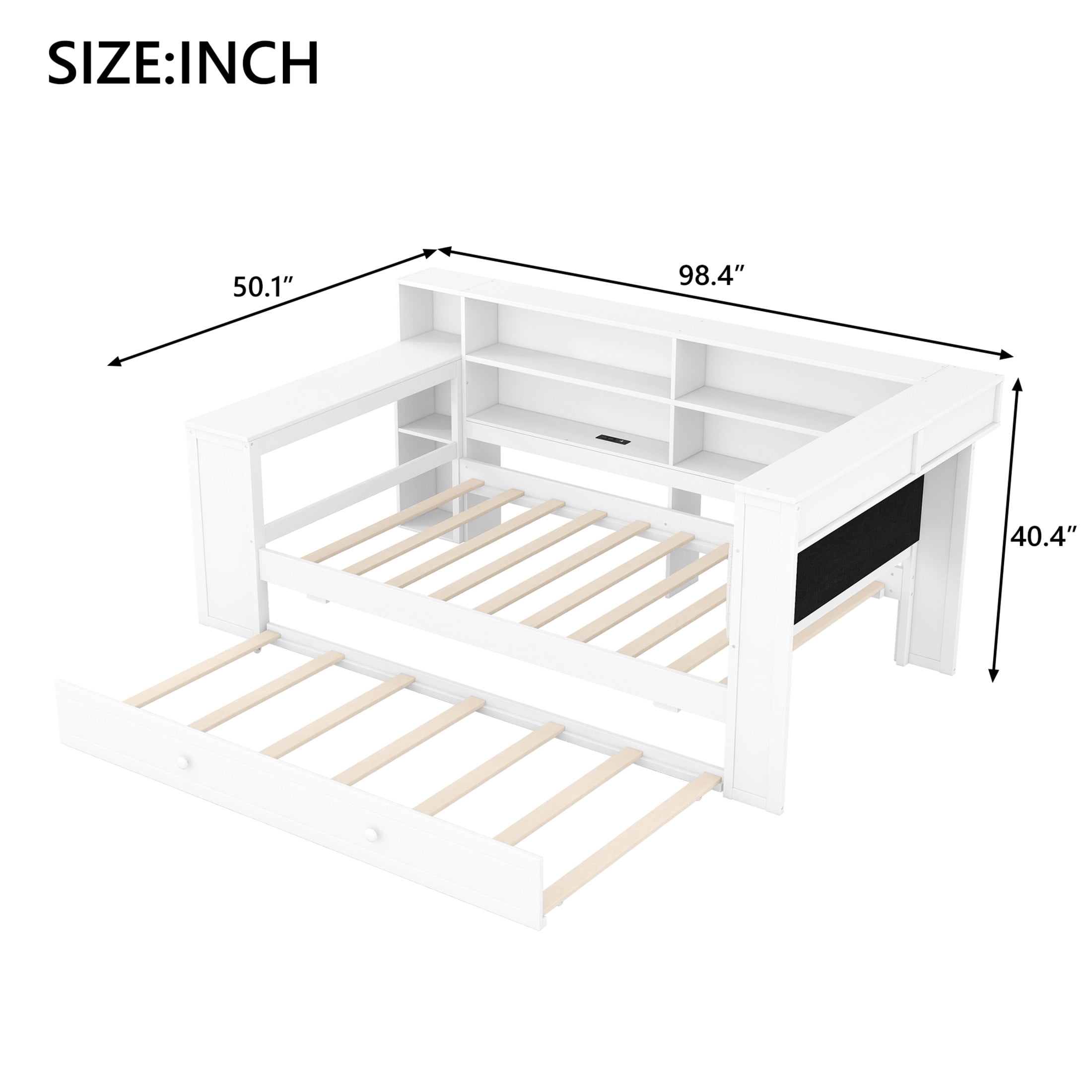 Noble House Twin Platform Bed with Upholstered Headboard, Extra Trundle, Storage Shelves and Charging Station, White