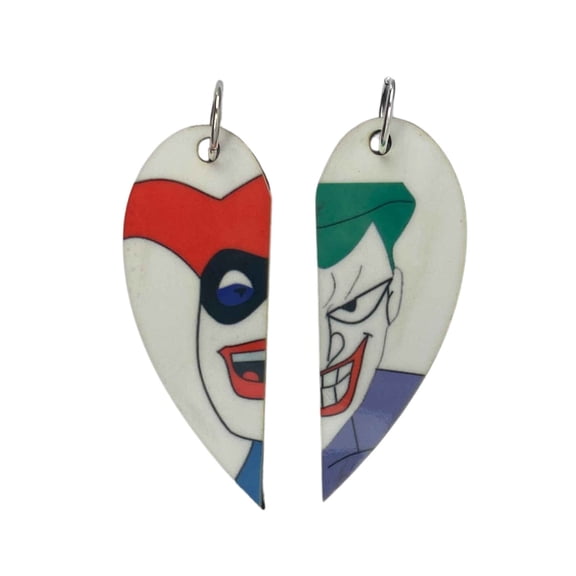 Joker and Harley Quinn Matching Heart Necklaces Keyrings or Earrings| Couples or BFF Gift | Comic Book Gift for Him or Her