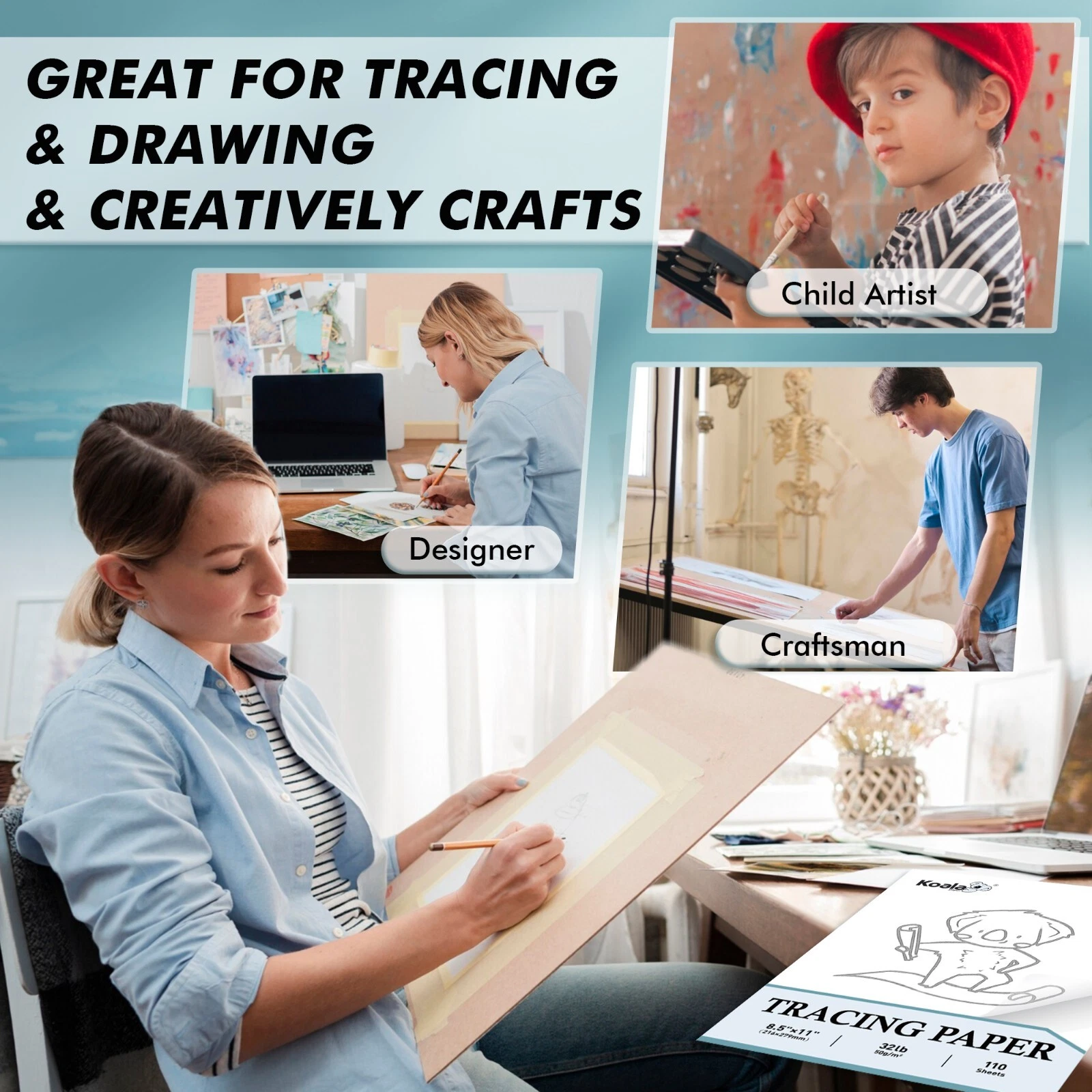 Koala Tracing Paper Roll 17 in X 50 yd for Drawing, Sewing, Sketching, Translucent Vellum Paper Roll Size 50gsm