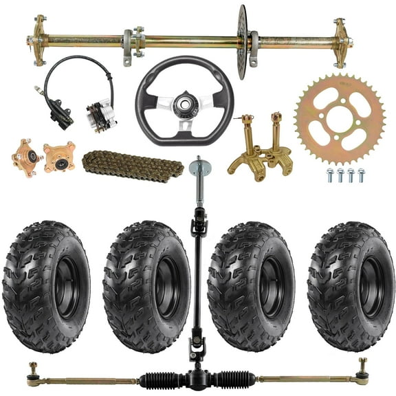 Complete 32-Inch Rear Axle Kit, DIY Go-Kart Live Axle for ATVs, Quads, Buggies, Go Karts, and Golf Carts - Includes 23x7-10 Go Cart Wheels, Steering Shaft, Brakes, Hubs and Chain Sprocket