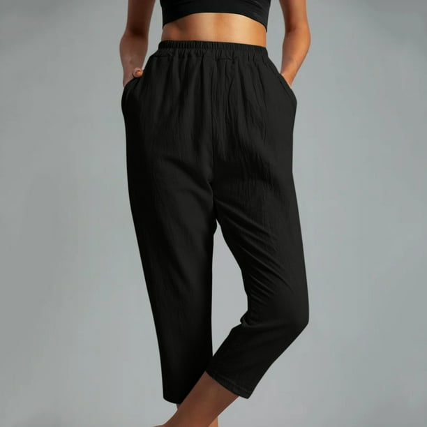 Women's Wide Leg Pants Summer Casual Straight Capris Elastic High Waisted  Cropped Lounge Trousers with Pockets