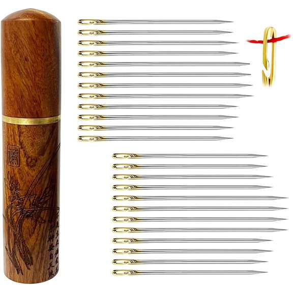 Self Threading Needles for Hand Sewing - 24 Pieces Easy Thread Needles for Hand Sewing,Embroidery Side Threading Hand Sewing Needles with Wooden Needle Case Carving Pattern -