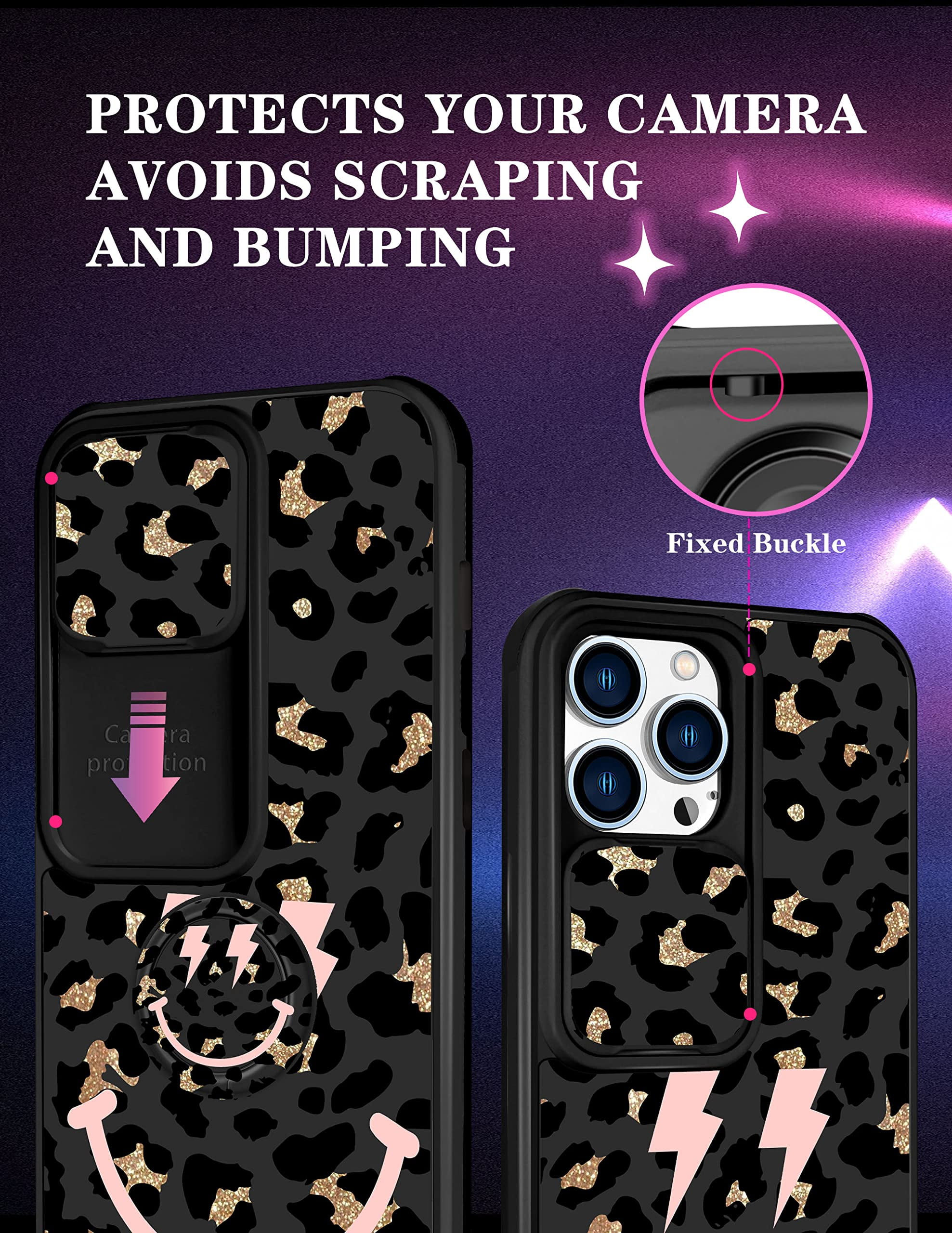 2in1 for iPhone 14 Pro Max Case for Women Girls Heart Cute Kawaii Pattern  Phone Cover Teens Girly Cool Unique Design with Slide Camera Cover+Ring  Holder Black Cases for 14 ProMax 6.7
