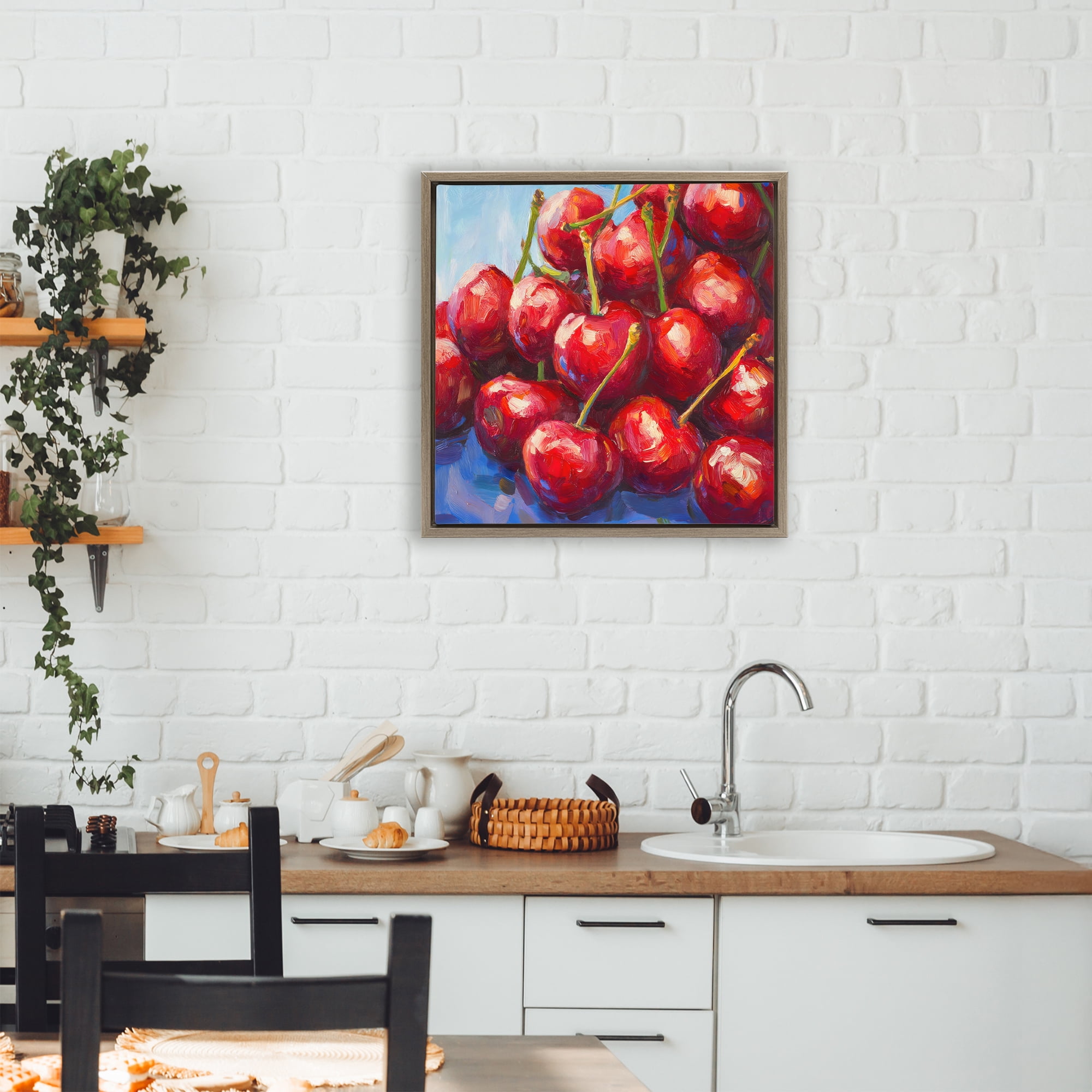 Stupell Industries Luscious Red Cherries of Summer Brown Framed Floater Canvas Wall Art, design by Petal Prints Design