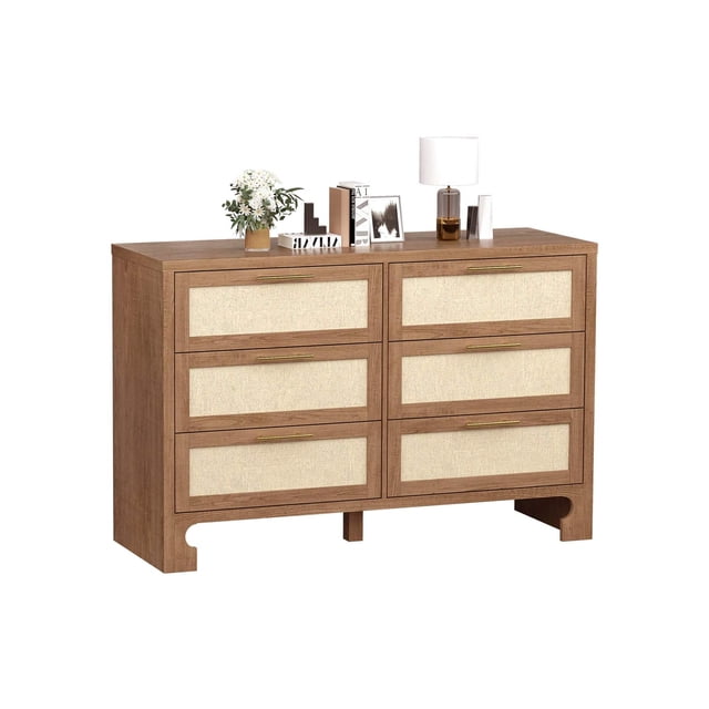 Bingirl Commode Double Moderne à 6 Tiroirs pour Chambre – Coffre en Bois avec Poignées Dorées, Idéal comme Table de Chevet pour Garde-Robe, Salon et Entrée, avec Rangement Naturel et Casiers