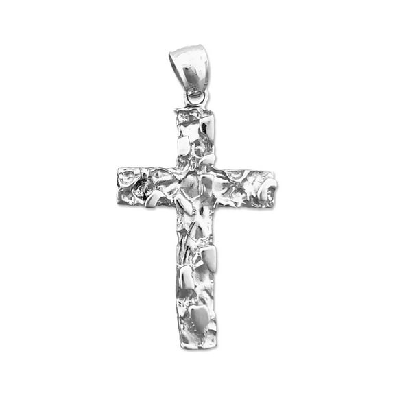 Rhodium Plated 925 Sterling Silver Nugget Cross Pendant