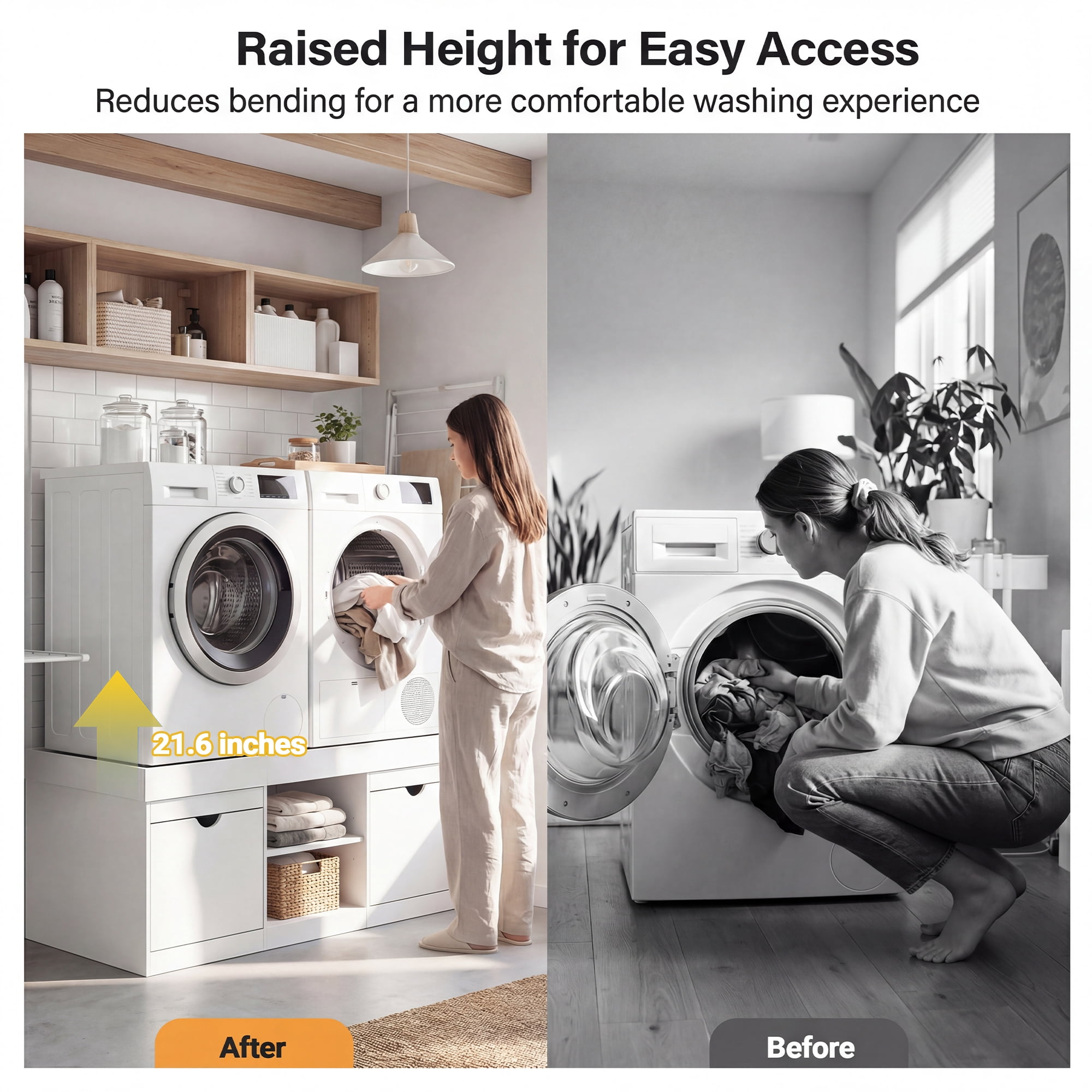 Advwin 57" Washer and Dryer Pedestal, Heavy Duty Washing Machine Stand with Laundry Basket Shelf, Large Drawers & Adjustable Storage Shelf, Universal Fit Anti-Vibration Laundry Pedestal, White