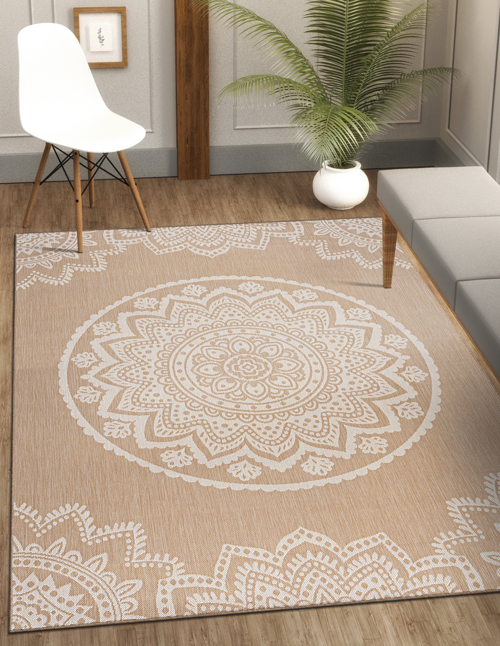 CAMILSON Indoor Outdoor Rug, 5' x 7' Beige Medallion Area Rugs