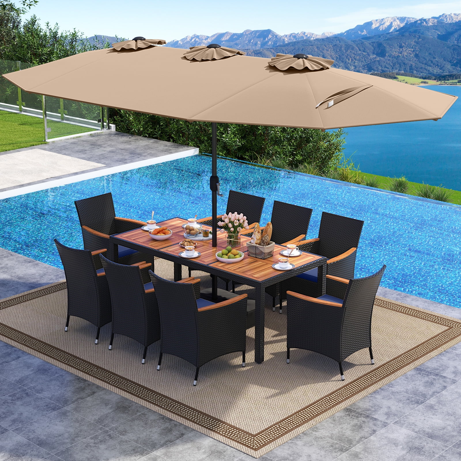 Costway 11 PCS Patio Wicker Dining Set with Double-Sided Outdoor Umbrella 8 Stackable Chairs