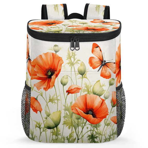 Jiaoprinted Spring Wildflowers Leakproof Cooler Backpack, Orange Red Poppy Butterfly Insulated Backpack Cooler for Outdoor