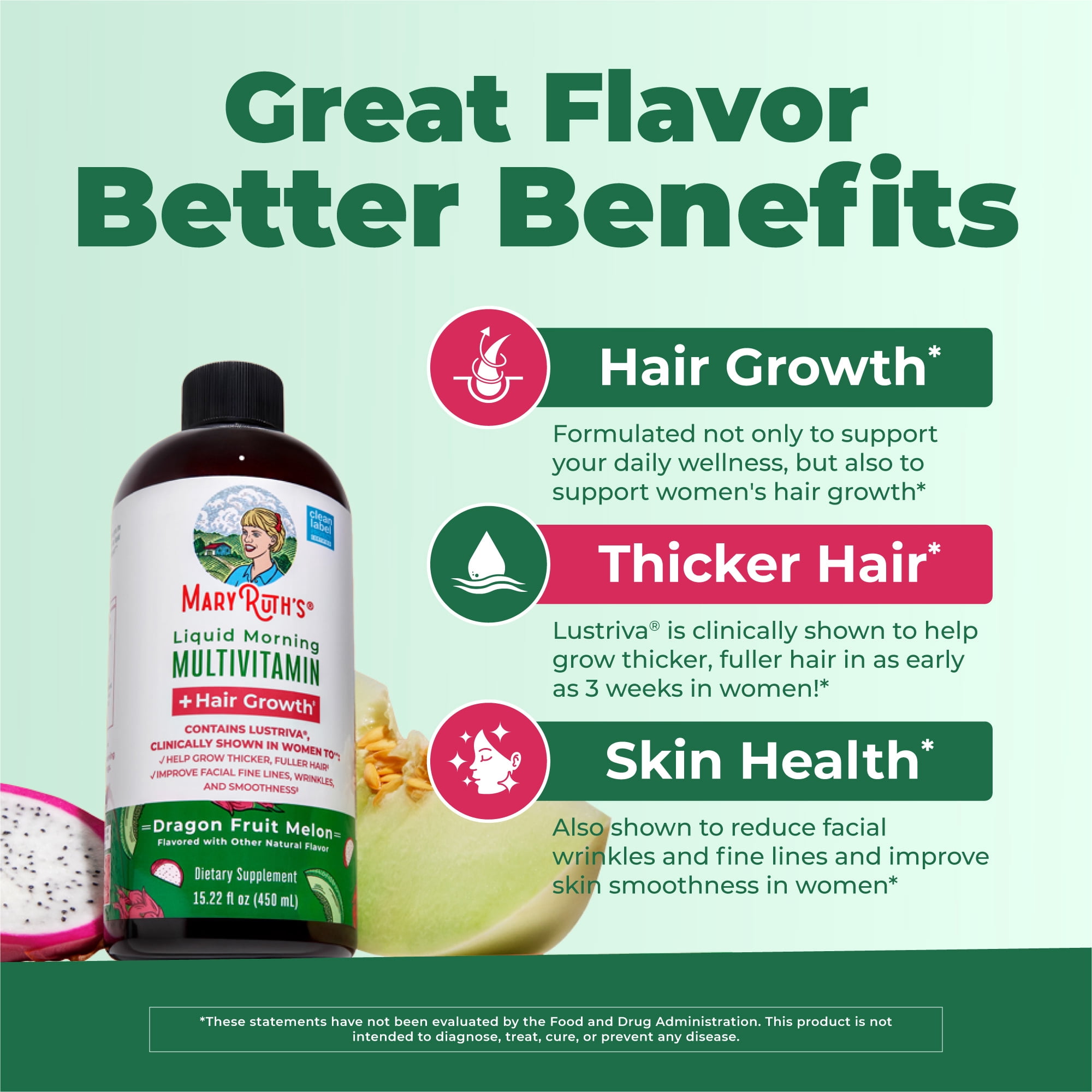 MaryRuth's Liquid Multivitamin + Hair Growth with Biotin 10000MCG, Lustriva, Vegan Gluten-Free, Dragonfruit Melon Flavor, Adults Ages 18+, 15.22 fl oz