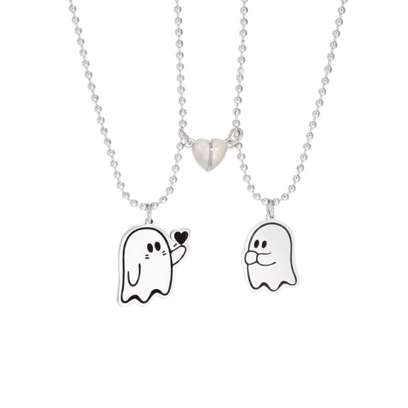 Luminous Ghost Couple Necklaces Magnetic Heart Matching Necklaces – Glow In The Dark Cute Ghost Pendant Set – Valentine Matching Jewelry Gift for Him Her Friends Lovers