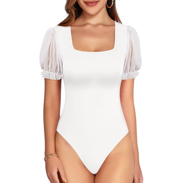 Xishao Body sexy para mujer, cuello cuadrado, malla transparente, con volantes, manga corta, ajustado, blusa de ajuste entallado Xishao ropa