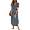 thumbnail image 2 of Women's Casual Loose Sundress 2024 T Shirt Dress Short Sleeve V Neck Solid Color Long Dress Side Split Leisure Dresses With Pockets Temperament Slim A-Line Midi Dresses, 2 of 6