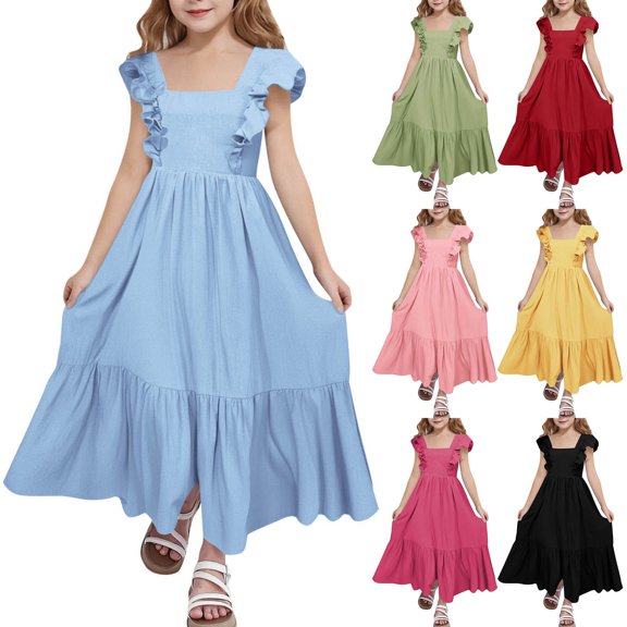 Lkhaha Girls Ruffle Tie Back Maxi Dress Elegant Square Neck Ruched Flowy Dresses Black 4-5 Years