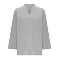 thumbnail image 5 of Women's V Neck Long Sleeve Loose Fit Linen Top Shirt Blouse Solid Color Button Down Casual Work Office Vacation Fashion Essential for Women | Sopatenor,Gray XL, 5 of 9