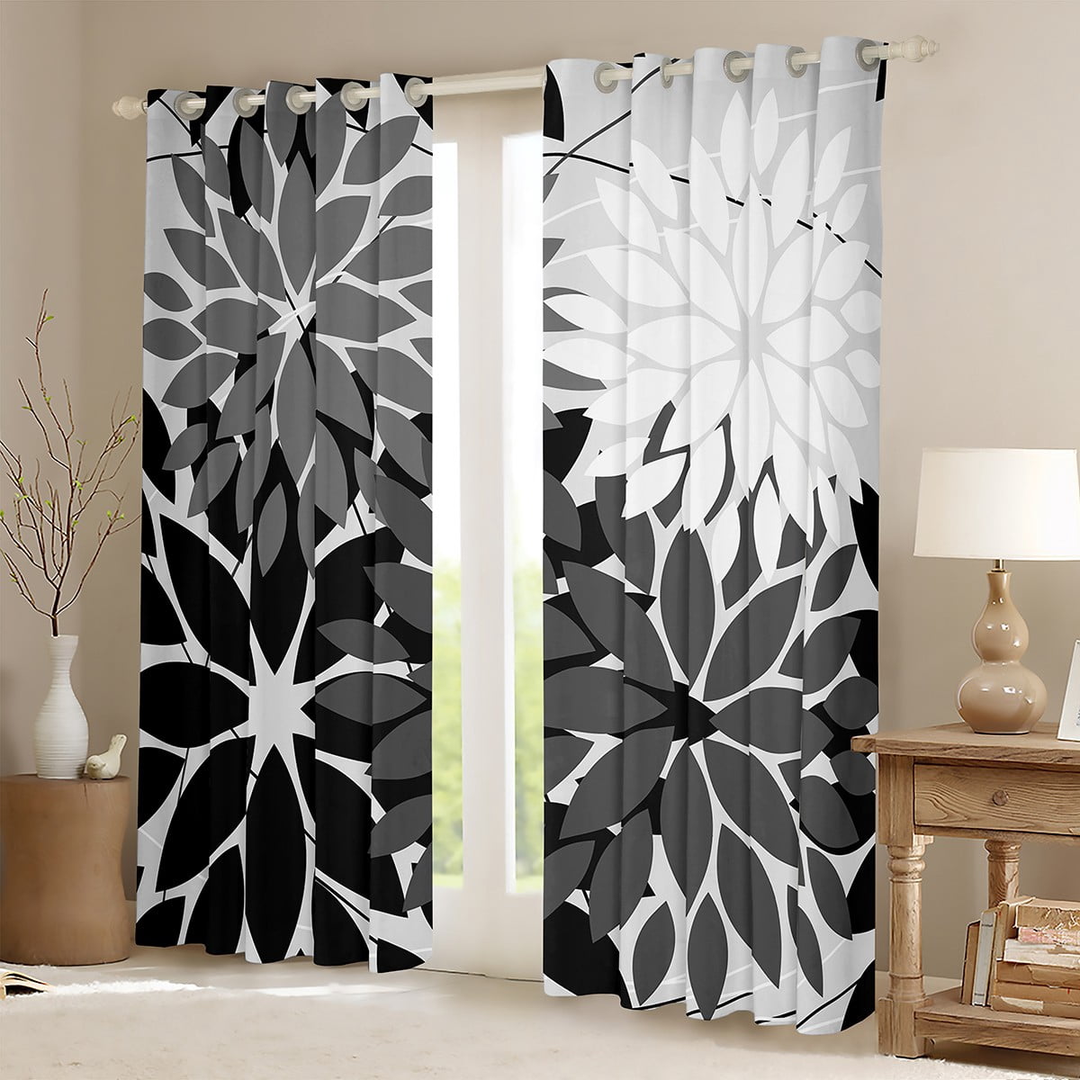 Manfei Dahlia Leaf Curtains for Living Room,Rustic Farmhouse Cabin Blackout Curtains Set of 2 (38x45),Black Gray White Curtains and Drapes (38x45),Super Cozy Room Decoration