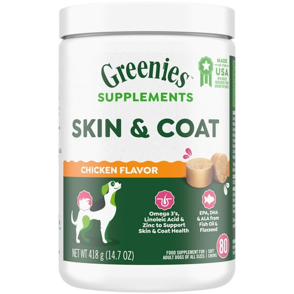 Greenies Suppléments pour Peau et Pelage de Chien avec Huile de Poisson & Acides Gras Oméga 3, Saveur Poulet, 80 Unités de Friandises Molles, 14.7 oz.