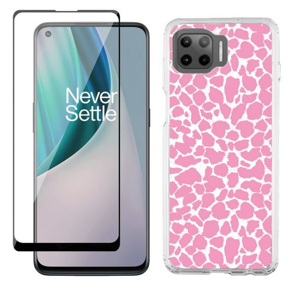 Slim-Fit Protective Phone Case compatible with Motorola Moto One 5G UW, with Tempered Glass Screen Protector, by OneToughShield ® - Giraffe/Pink
