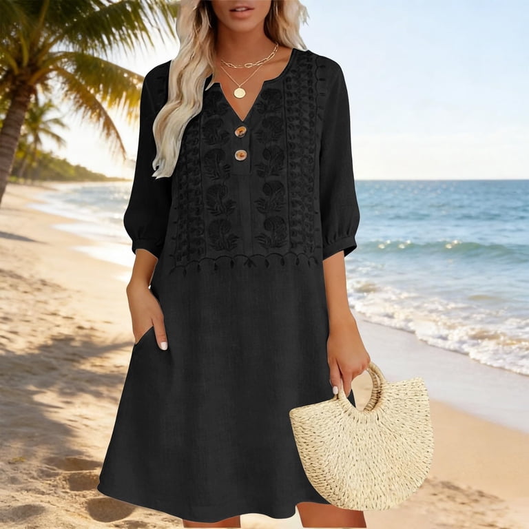 Cotton Linen Dresses for Women Vintage Embroidered Midi Dress with Pockets Lightweight Gauze Comfy Lounge Dresses, S