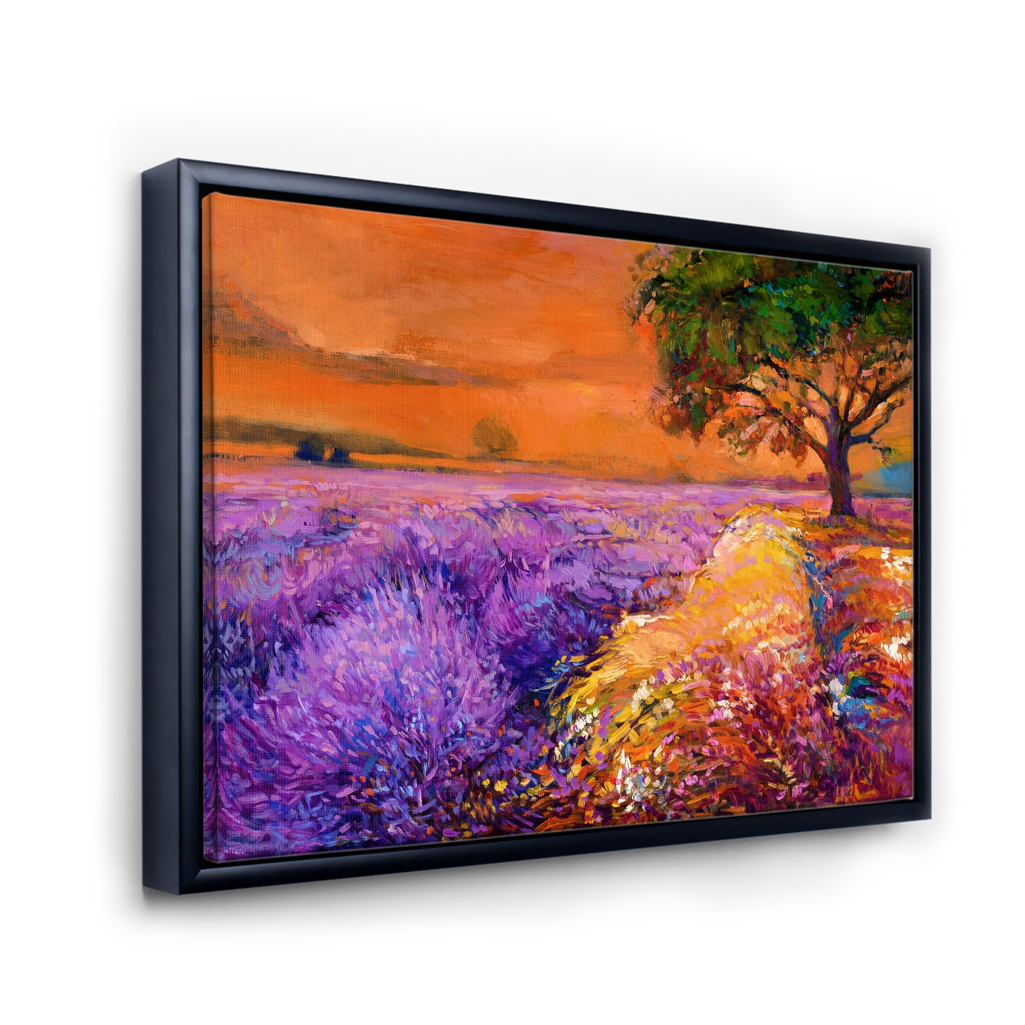 Designart 'An Orange Sunset Over Purple Lavender Fields II' Farmhouse Framed Canvas Wall Art Print