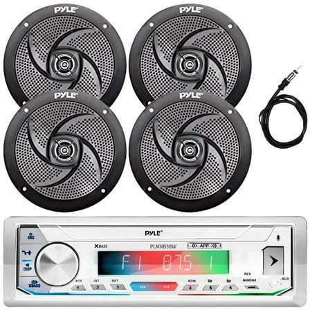 Pyle PLMRB39W LCD Display Single-DIN Marine Bluetooth USB/AUX MP3 Player AM/FM Radio Stereo White Receiver, 4x 5.25" 180W Max 2-Way Waterproof Low Profile Slim Style Boat Black Speakers, Radio Antenna