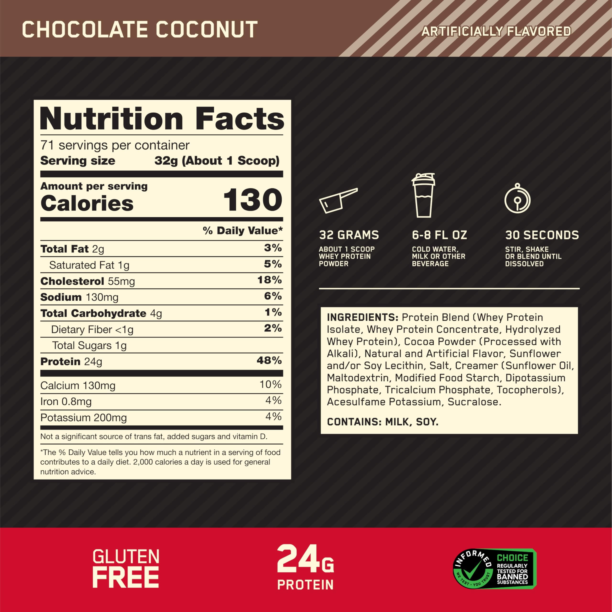 Optimum Nutrition, Gold Standard 100% Whey Protein Powder, Chocolate Coconut, 5 lb, 71 Servings