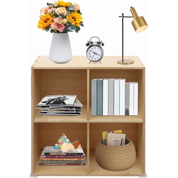 Wood Cube Bookcase Modern Floor Bookshelf in Natural for Home Office Cube Storage Organizer with 4 Compartments, Study Room Library