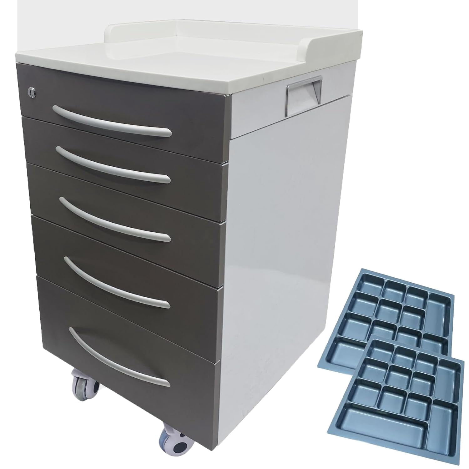 Dental Assistant's Mobile Cart Office File Storage Cabinet with 4 Drawers and 2 Storage Trays Brown for Office Hospital School Home Hospital with Lock and Wheels