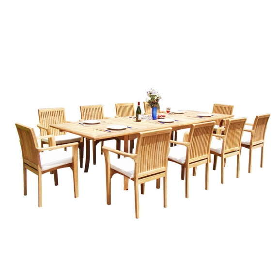 Grade-A Teak Dining Set: 10 Seater 11 Pc: 118" Rectangle Table And 10 Lua Stacking Arm Chairs Outdoor Patio WholesaleTeak #51LU2411