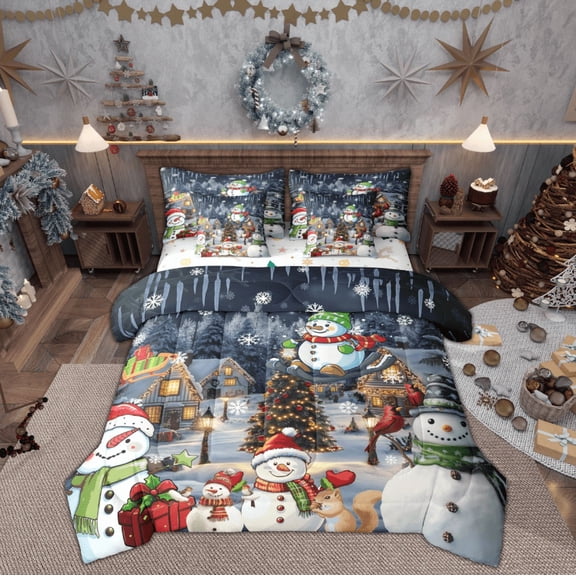 Feelyou Winter Cute Snowman Bedding Comforter Set 7 Pieces for Teen, Christmas Tree Gift Full Bedding Set, Western Festival Reversible Fitted Sheet Flat Sheet, Ultra Soft Home Decor