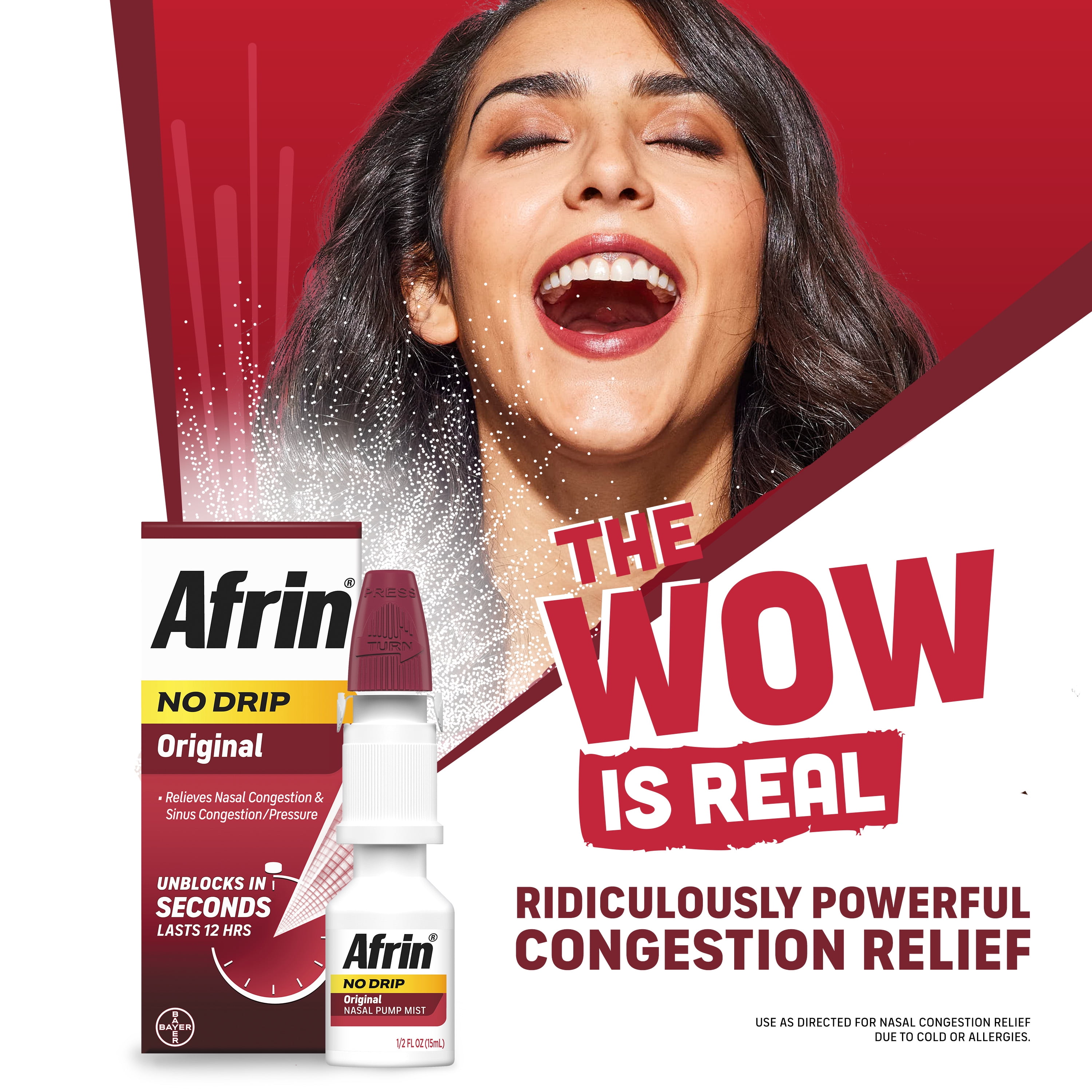 (3 pack) Afrin No Drip Original 12 Hour Nasal Decongestant Pump Mist - 15 ml