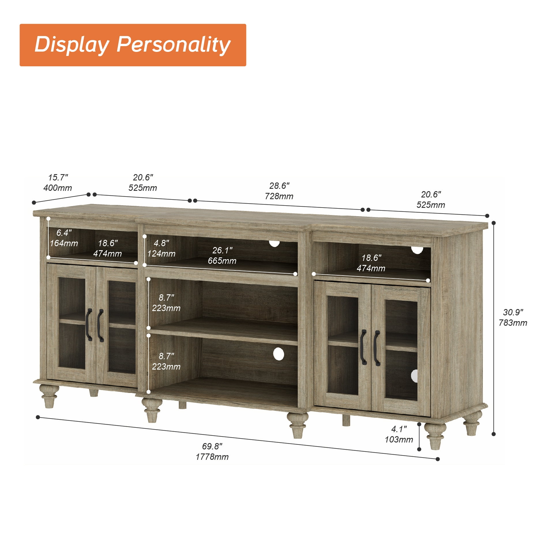 Farmhouse TV Stand for TVs Up to 75 inch, 4-Door Glass and Wood Universal TV Console with 9 Storage Cabinets, Entertainment Center Table for Living Room Bedroom, Wash Grey
