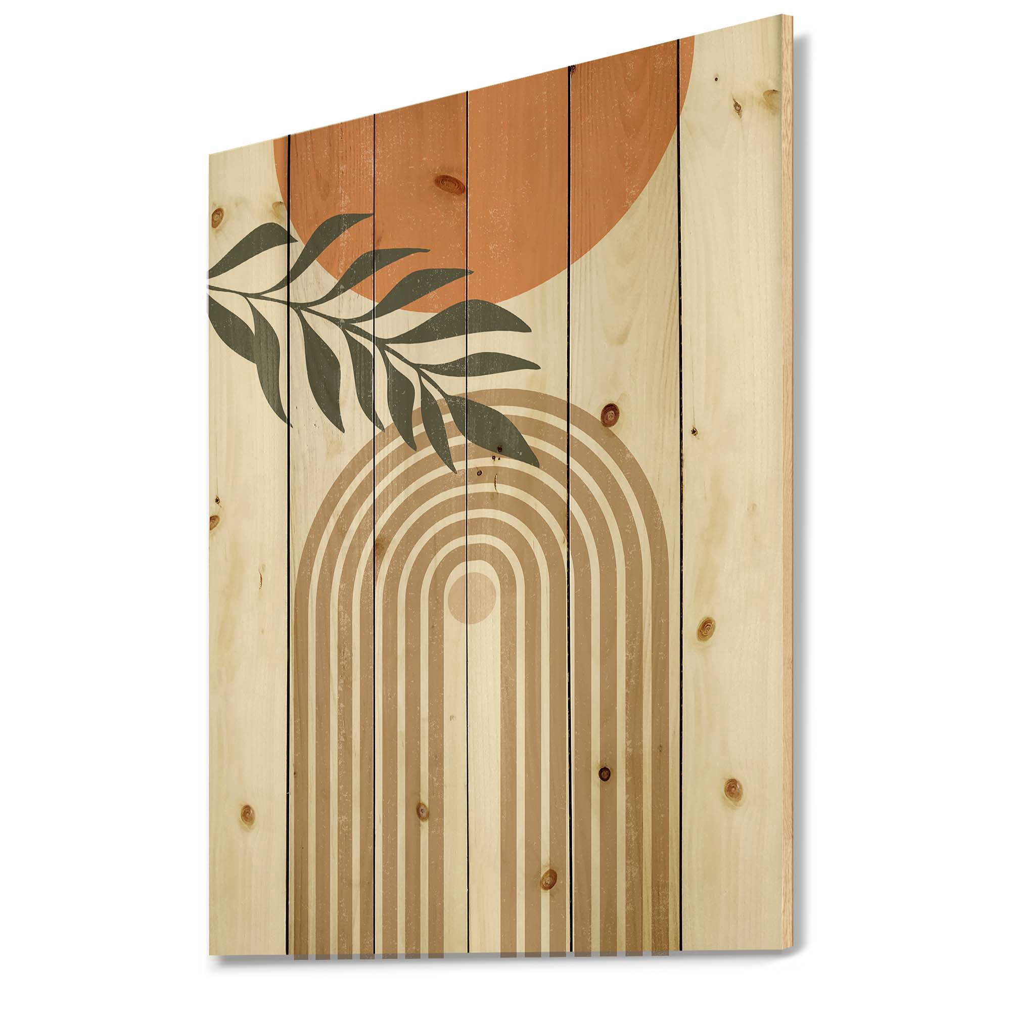 Designart 'Abstract Moon Sun Leaves I' Modern Print on Natural Pine Wood