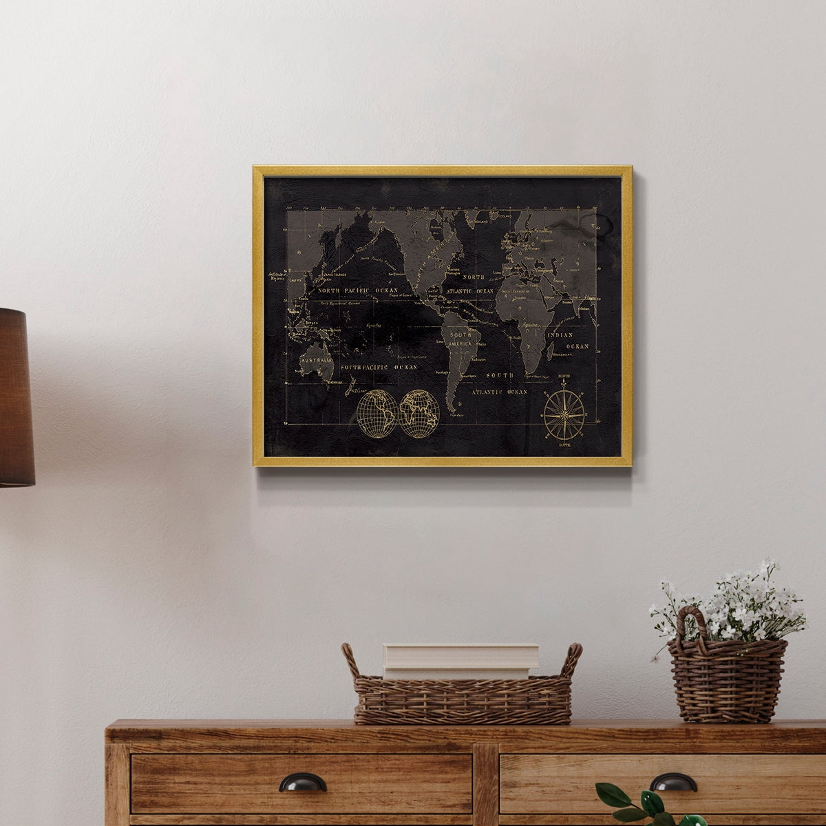 Black Gold Map by Carol Robinson - Restickable Framed Giclée Print