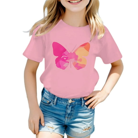 WMQPNNS Girls Summer Tops Casual Short Sleeve T-Shirts Kids Graphic Tees Size 7/8 Crewneck Cotton T Shirt Printed Casual Loose Tunic Shirt Printed Tops(Size 7-8 Years, a-Pink)