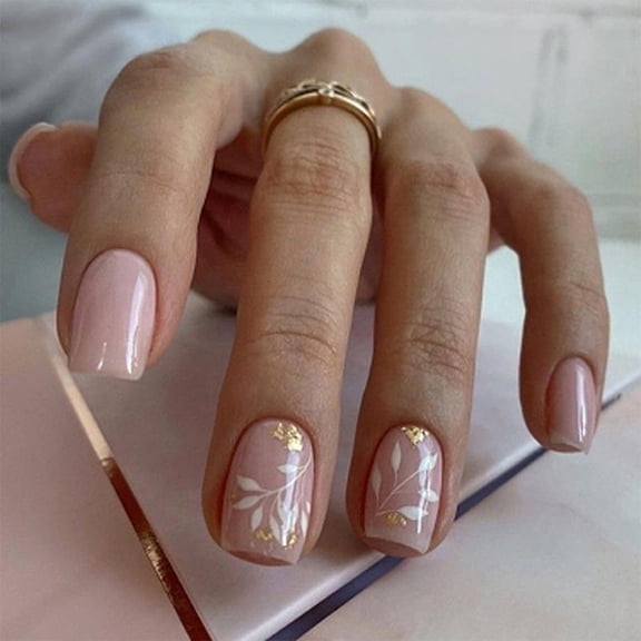 24pcs Short Stick On Nail With Floral Designs Acrylic Press on Nail for Women
