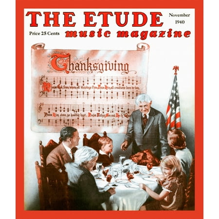 Cover art from the November 1940 edition of Etude magazine showing a family having Thanksgiving dinner and reciting a prayer Poster Print by