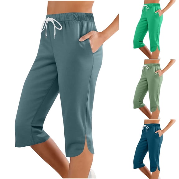 Hueook Stretch Active Pants for Women Solid Color Elastic Waist Sports Casual Capris Pants with Side Pockets Army Green 2X
