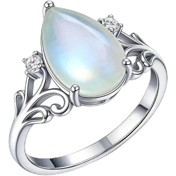 MYSTICPOEM Teardrop Moonstone Ring for Women Filigree Moonstone Ring Gemstone Statement Rings Jewelry Gift for Wife (Size 7)