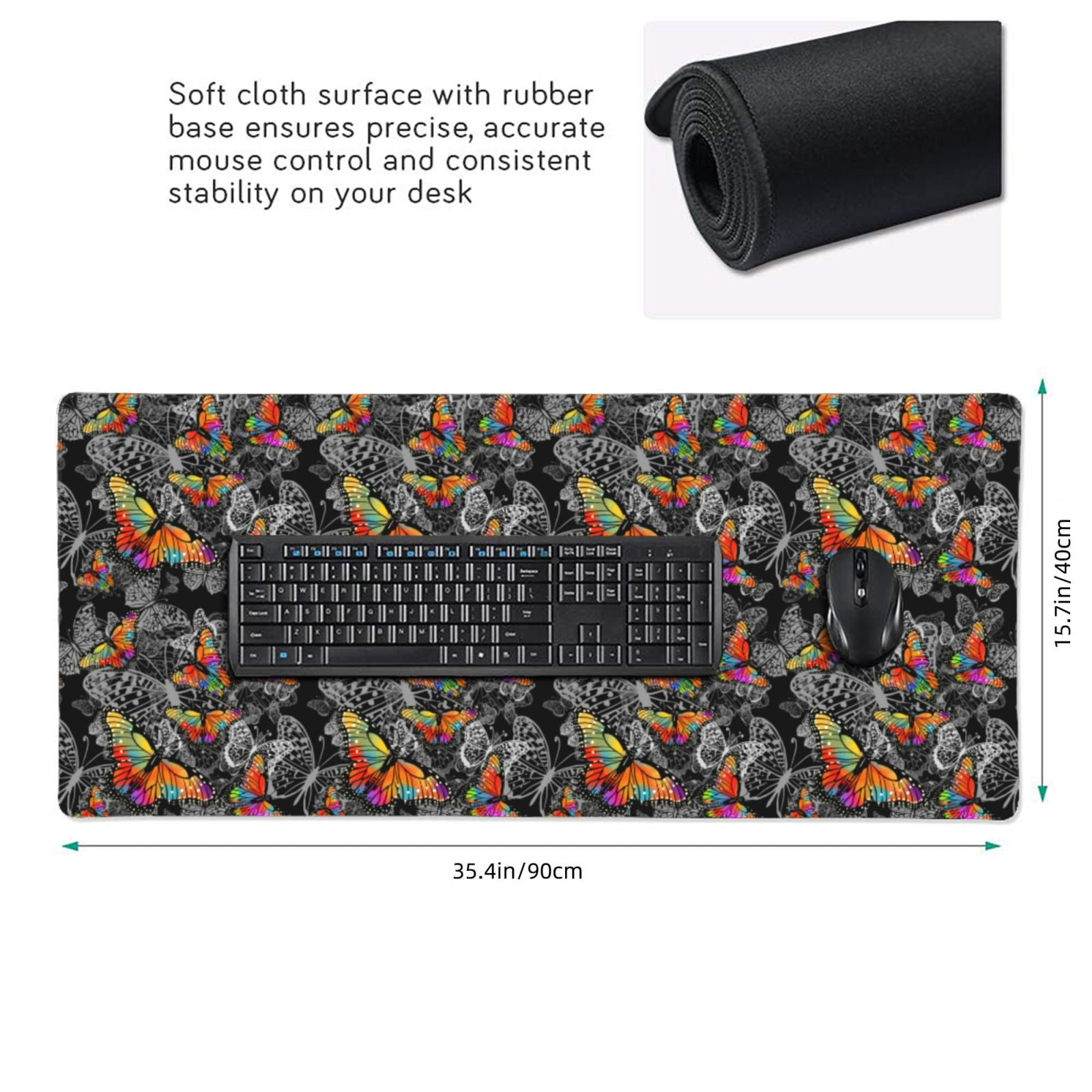 Xecao Multicolored Butterflies C Print Large Mouse Pad, 16x35.5in Mousepad, Professional Non-Slip Rubber Base Big Mouse Pad, Mouse Pad for Gaming & Office Full Desk Mouse Pad