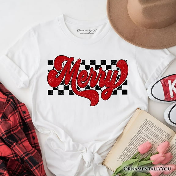 Merry Retro T‑Shirt, Christmas Checkered Tee