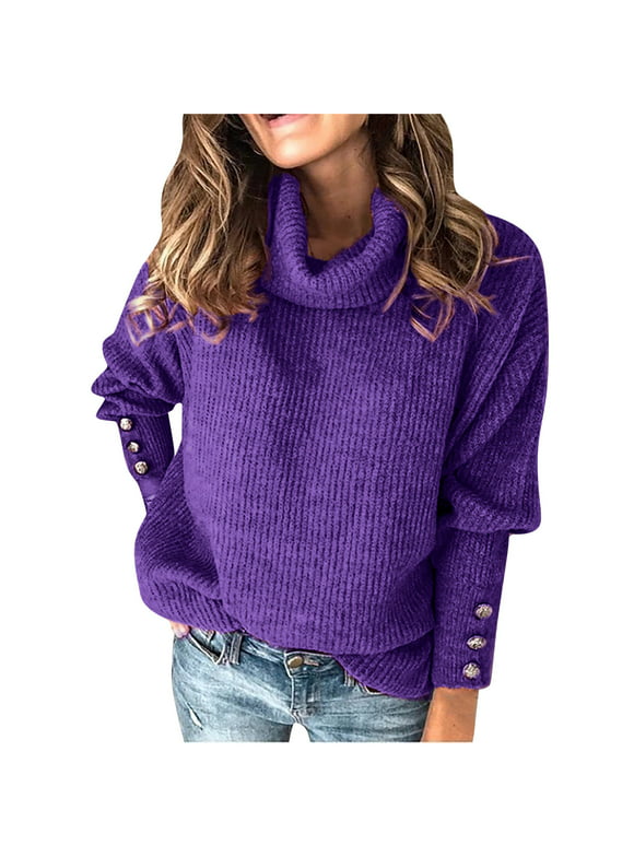 Olyvenn Turtleneck Cowl Neck Knitted Jumper Sweaters Women's Plus Long Sleeve Elegant Casual Tops Female Leisure Purple L