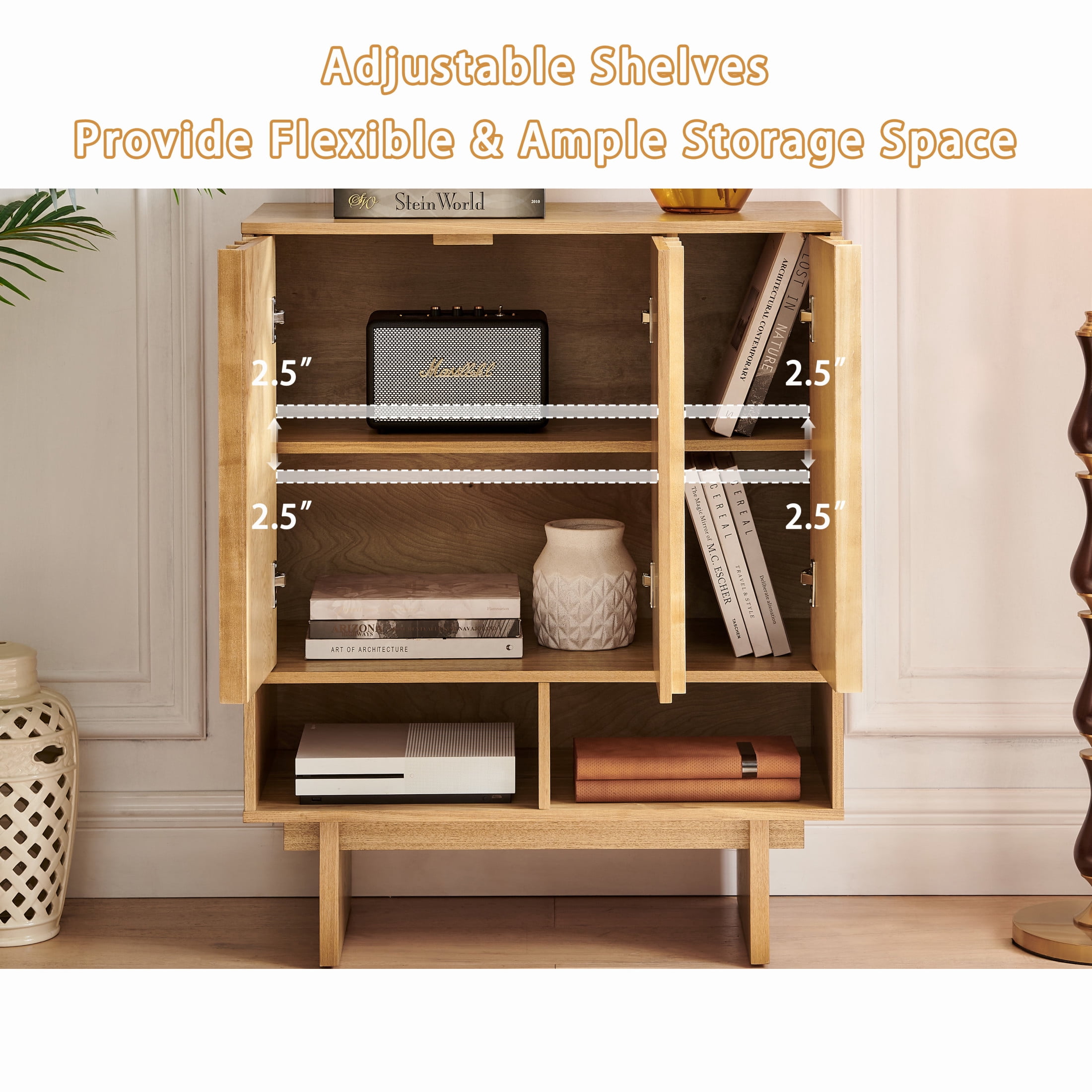 GDF Studio 31.6" Mid-Century Modern Sideboard Cabinet with 3 Doors, Adjustable Shelves, Natural