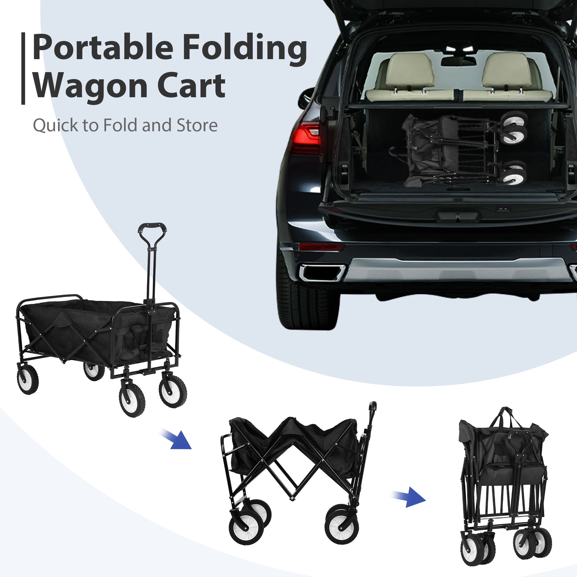 YRLLENSDAN Folding Wagon with Wheels Foldable Wagon Grocery Wagon Outdoor Wagon Cart Portable Wagon Utility Wagon for Camping Beach Sports Wagon,Black