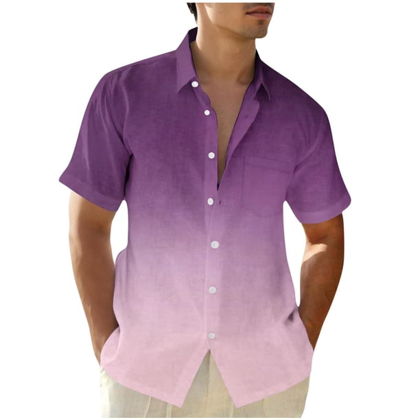 Camisas de Manga Corta de Botón para Hombre, Blusa de Moda Casual de Impresión de Gradiente de Cuello de Vuelta Hecha de 95% Poliéster 5% Spandex para el Verano, Camisas de Verano para Hombre